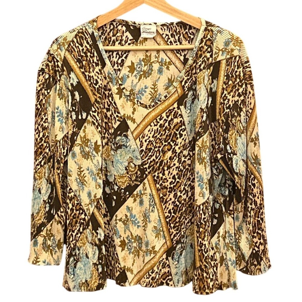 Vintage Giorgio Fiorlini Blouse Leopard Floral Patchwork Plisse Maximalist Chic